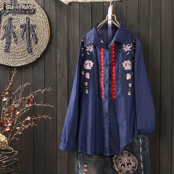 

zanzea women lapel neck long sleeve denim blue shirt vintage embroidery blouse autumn buttons blusas plus size casual, White