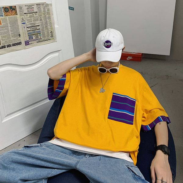 

2020 summer new youth popular men's color matching loose five-point sleeve t-shirt fashion casual round neck pullover, White;black