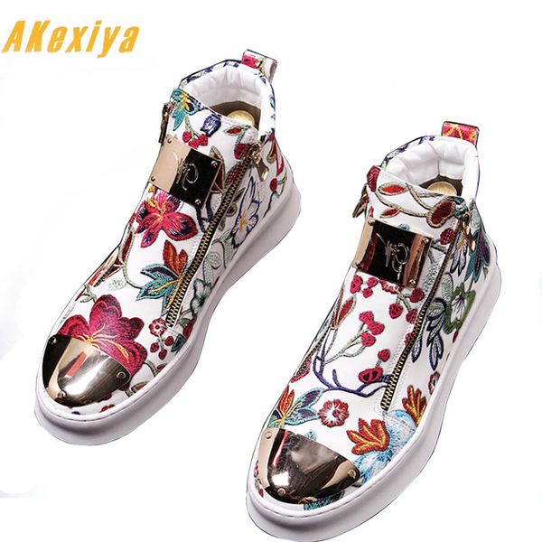 

2019 british men trendy flowers zipper casual flats high shoes male wedding moccasins loafers sapato social masculino, Black