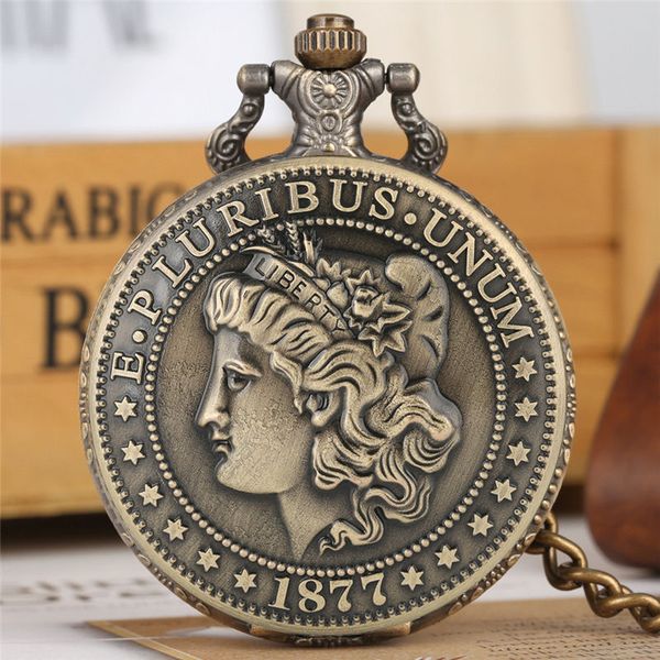 

unique quartz pocket watch thick chain retro large white dial bronze pendant watches american coin half dollar zakhorloge, Slivery;golden
