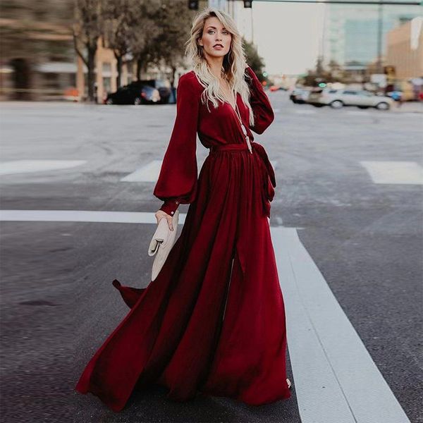 

bgw 2019 evening dress long sleeves v neck split joint solid color women party dresses abiye gece elbisesi, White;black