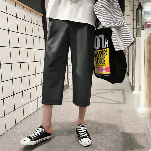 

2019 spring and summer new korean fashion couple trend leisure hip hop straight solid color seven-point wide leg pants favourite, Black