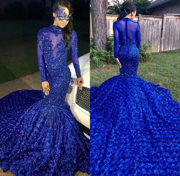 Royal Blue Black Girls Mermaid Long Prom Dresses 2020 Long Sleeves