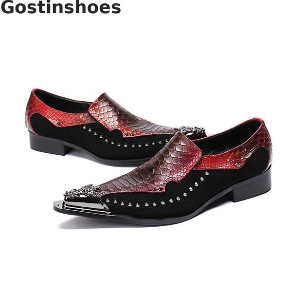 

fashion men shoes genuine leather black and red mixed colors snakeskin printed casual leather shoes metal tipped set foot