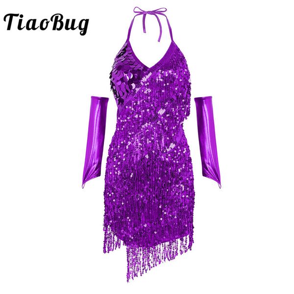 

tiaobug women shiny sequins tassels asymmetrical latin dance dress halter backless salsa rumba samba tango stage dance costumes, Black;red