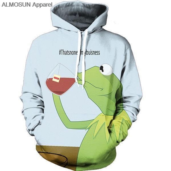 

almosun kermit drinking 3d all over printed hoodies pockets sweatshirt hipster funny street wear men women us size, Black