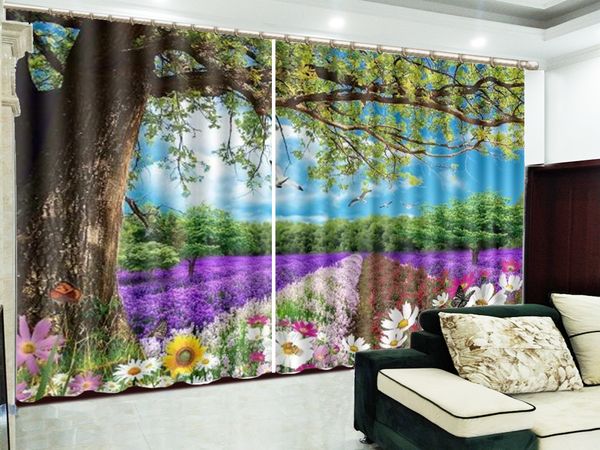 Sob a grande árvore, flores silvestres e belas paisagens, 3D paisagem cortinas, decoração de interiores, High-Grade cortina de guarda-sol