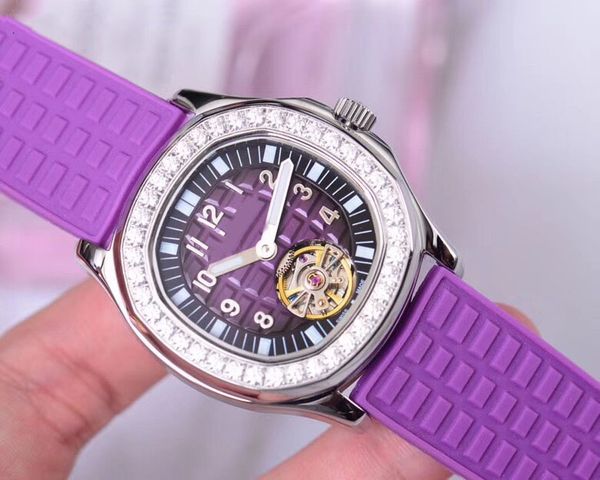 

красивые алмазные женские часы квадратный турбийон автоматический механический прохладный силиконовый ремешок леди наручные часы водонепрони, Slivery;brown