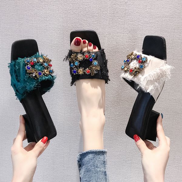 

slippers heel square open toe thick female colorful crystal galdiator shoes summer woman slides 2021, Black