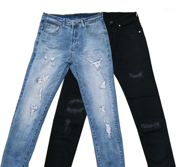

pencil pants fashion male casual washed out jeans mens clothing 2020 designer mens holes jeans skinny, Blue