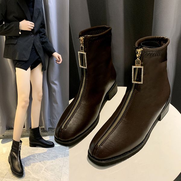 

new style square heel bai da xiao boots front zipper slimming warm anti-slip women's boots, Black