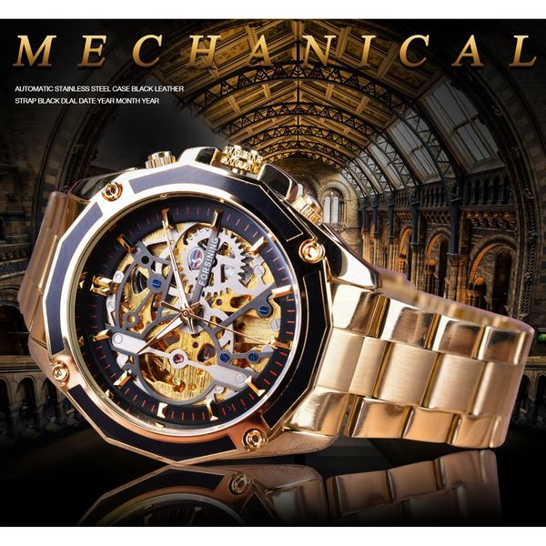 

2020 forsining steampunk gear design transparent case automatic watch gold stainless steel skeleton luxury men watch brand luxury, Slivery;brown