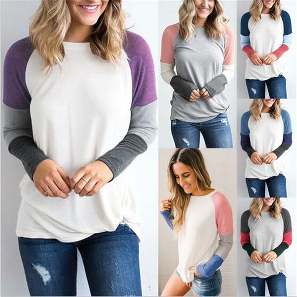 

spring autumn 2018 trendy women patchwork long sleeve army hiking t shirt round neck camping t shirts tees, Gray;blue