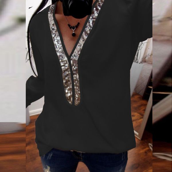 

2019 new casual women's clothing solid color stitching v-neck sequins long-sleeved t-shirt large size women's shirt plus size, White