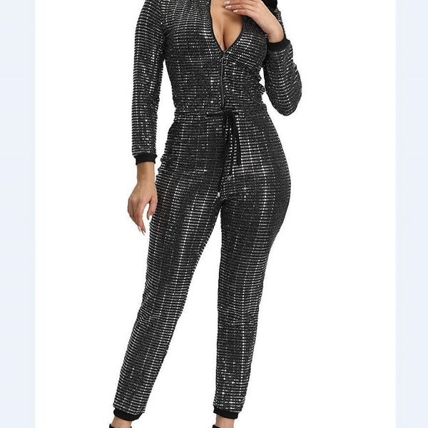 

sequined fashion slim fit women jumpsuits zipper full length catsuits high street brand shiny jumpsuits, Black;white