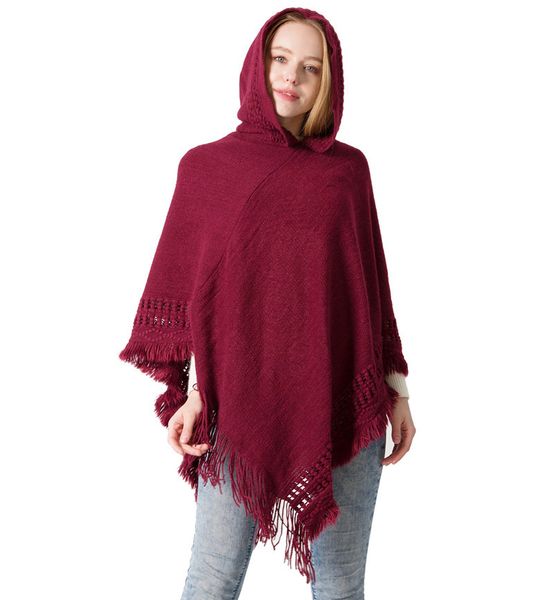 

new women poncho pashmina with cap fall winter knitted solid thicken tassel shawls scarf christmas gift brw, Blue;gray