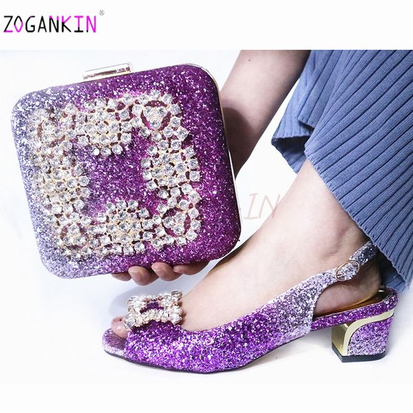 

2020 concise women matching shoes and bag set in heels matching shoes and bag set for african party in purple color, Black