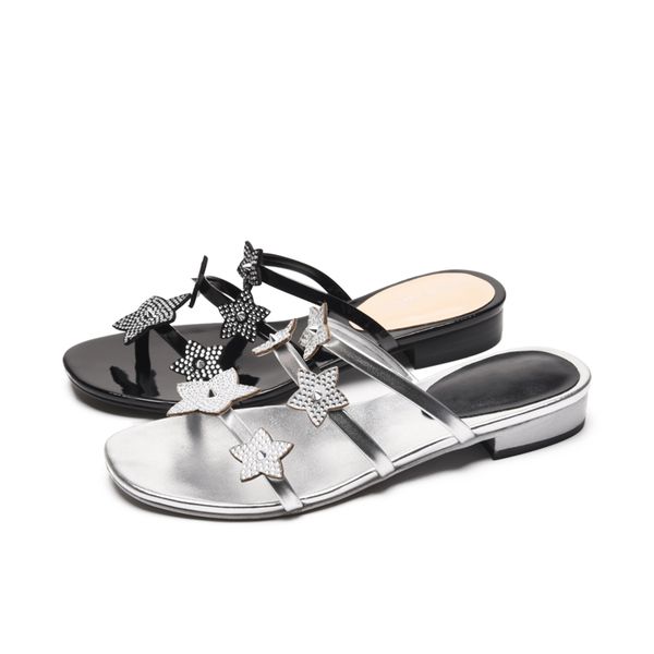 

bling start womens slippers ladies summer beach flat slide leather slippers sandals, Black