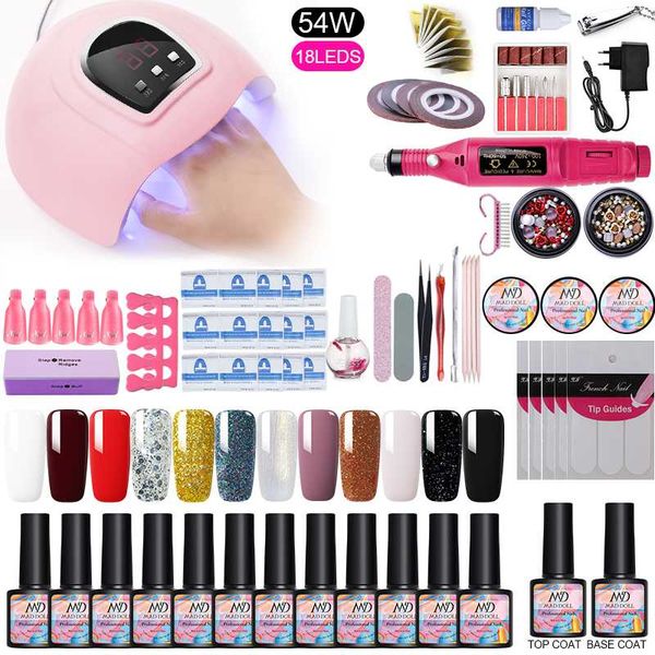 

manicure nail set uv led lamp dryer with 12pcs nail gel polish kit electric drill bit machine soak off manicure tools, Red;pink