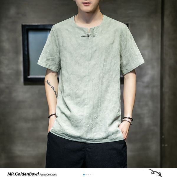 

mrgoldenbowl man's summer solid 2020 chinese style t shirts men short-sleeved cotton linen chinese style t-shirts male tees, White;black