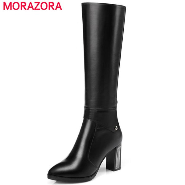 

morazora cow leather + pu high heels shoes fashion punk knee high boots for women zip rivets pointed toe long boots size 34-45, Black