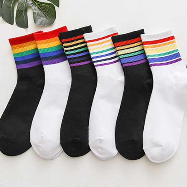 

striped crew socks colorful women spring and summer autumn and winter female leisure comfortable rainbow socks ladies tube socks chaussette, Black;white