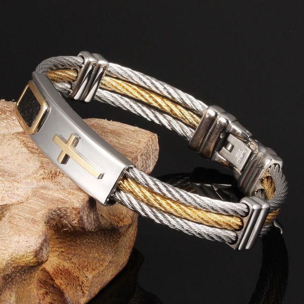 

men 3 rows wire chain bracelet bangle punk stainless steel cross bracelets jewelry gifts hh88, White