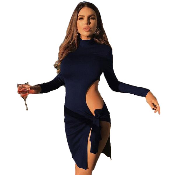 Acheter 2018 Automne Hiver Femmes Robe Col Roulé à Manches Longues Côté Split Bandage Creux Sexyclub Soirée élégante Moulante Robes De Soirée De