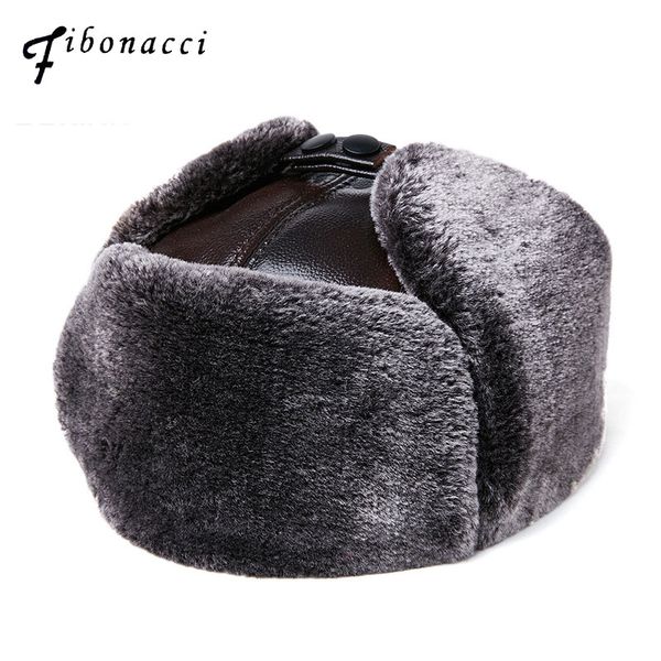 

fibonacci men's hat winter cowhide leather quality genuine leather fur hat pom ear protect bomber hats russian ushanka cap, Blue;gray