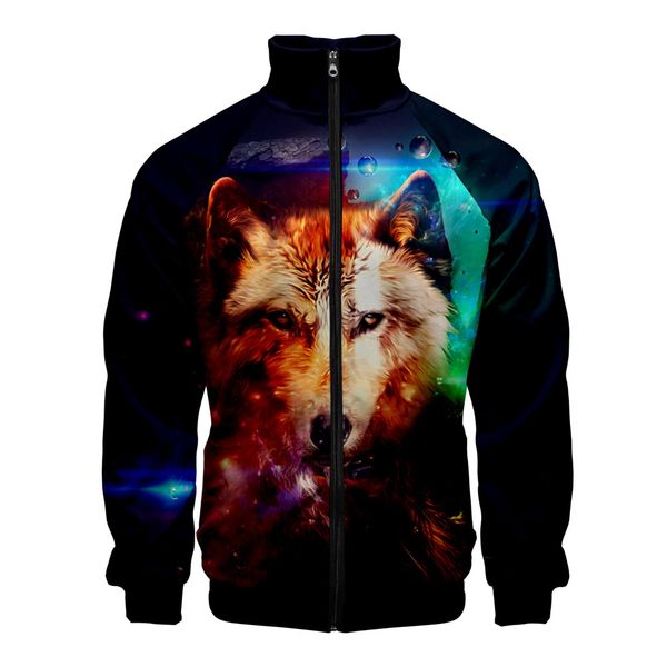 

new galaxy wolf zipper jackets in men/women casual 3d jacket fashion highstreet autumn warm cool stand collar jacket fashion top, Black;brown