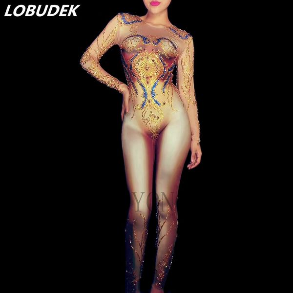 

gold rhinestones skinny jumpsuit nightclub bar dj singer dancer pole dance costume acrobatic performance elastic jumpsuit, Black;white