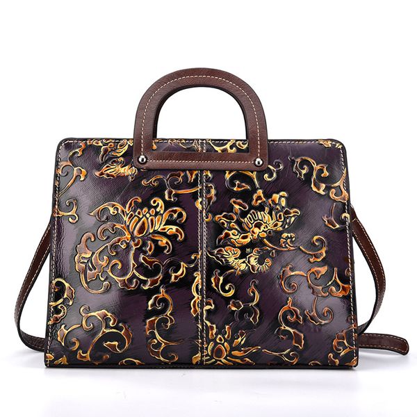 

natural skin embossed vintage briefcase real cowhide tote female bags floral genuine leather women handle bag