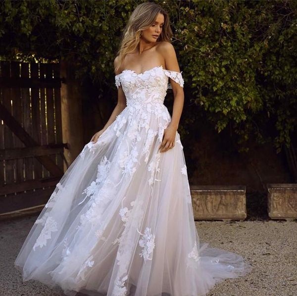 

2020 off the shoulder lace wedding dresses sweetheart tulle applique court train garden a line wedding bridal gowns robes de mariÃ©e, White