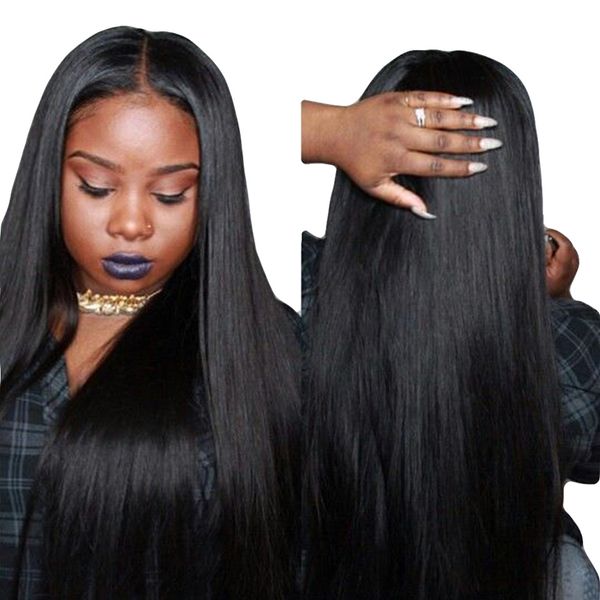 

natural straight lace front human hair wigs peruvian remy long straight hair 26 inch pre plucked part lace closure wigs, Black
