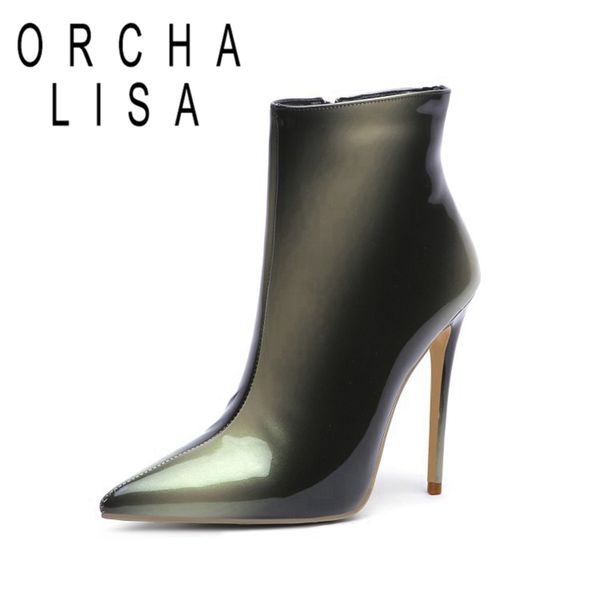 

orcha lisa winter woman novelty ankle boots pointed toe 12cm thin high heels patent leather zipper big size 34-45 leisure c1788, Black