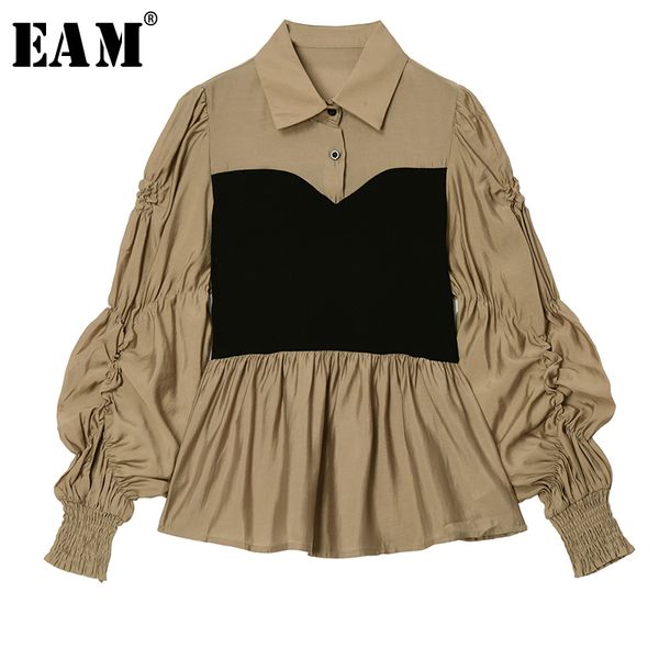 

eam] women contrast color pleated blouse new lapel long puff sleeve loose fit shirt fashion tide spring autumn 2020 1t114, White