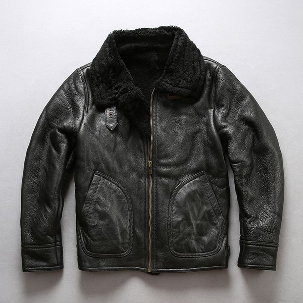 

men's leather & faux 2021 shearling flight jacket men casual cold winter pilot jackets wool liner sheepskin bomber coat russia coats, Black