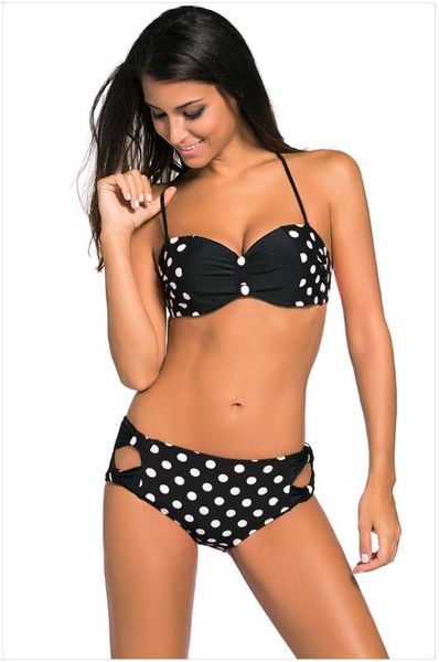 

black/red/blue white dots bow detail high waist bathing suit lc41926, White;black