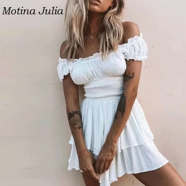 

motina julia 2019 summer jacquard jumpsuit romper women off shoulder bohemian beach ruffle playsuit white, Black;white