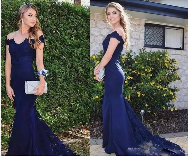 

2019 elegant off shoulder lace evening dress new mermaid long bridesmaid dress sweep train soft satin prom dress modest cheap, Black