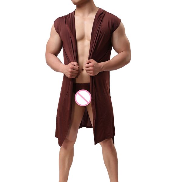 

summer mens bath robe with briefs pajamas sleepwear silk hooded robes bathrobe male gown pijama bath pyjamas plus size, Black;brown