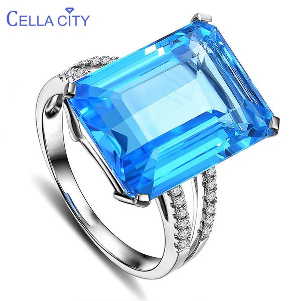 

cellacity luxurious geometry aquamarine rings for women simple rectangle blue gemstones silver 925 jewelry size6-10 engagement, Golden;silver