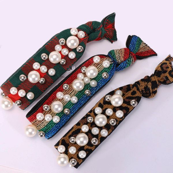 

korean beaded hair rope women and girls hair accessories high elastic bands pearl leopard printed knotted wide rubber bands