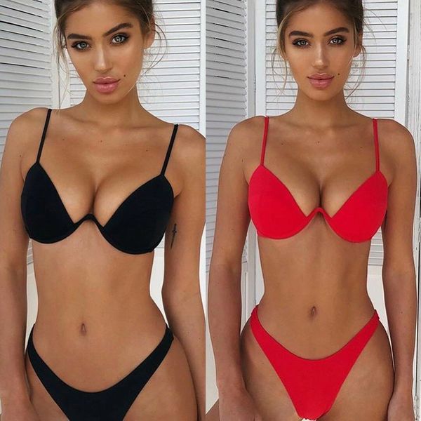 

Women Fashion Padded Bra Bikini Set Swimsuit Ladies Solid Bandage Push-up Triangle Swimwear Bathing Suits Biquini Swimwear