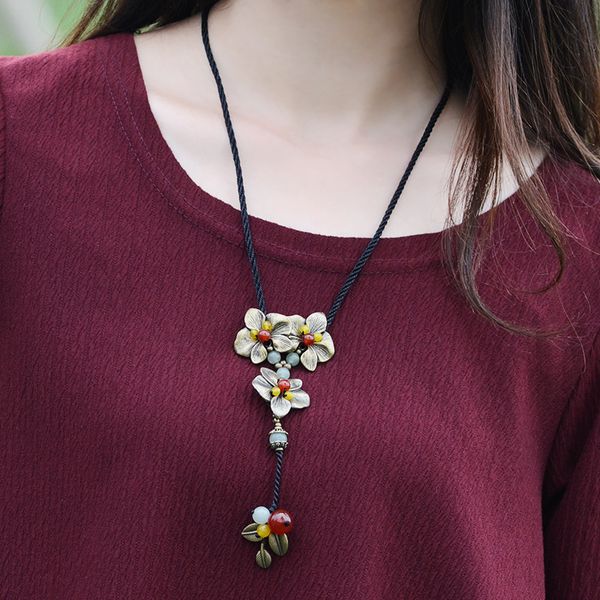 

sweater vintage necklace copper flowers pendant carnelian and aventurine vintage long rope chain fashion ethnic jewelry 2018, Silver