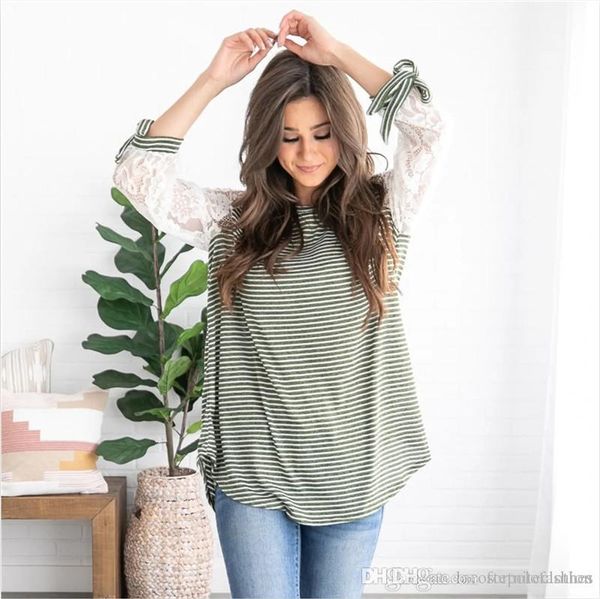 

lace panelled sleeve womens tshirt fashion striped print donna summer designer ribbon decoration casual clothes, White