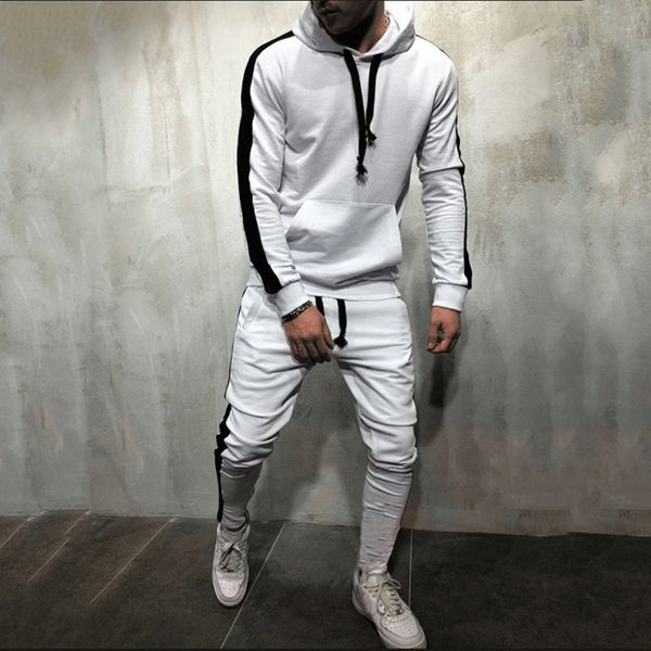 

male stripe patchwork hoodies bigsweety 2 pieces sets tracksuit men new brand autumn winter hooded sweatshirt +drawstring pants, Gray
