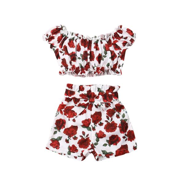 

1-7y summer kids baby girl off shoulder crop bowknot shorts 2pcs outfits rose flower clothes set, White