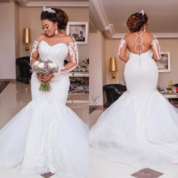 

luxury beading mermaid wedding dress long sleeve appliques pearls african wedding gowns plus size vestido de noiva, White