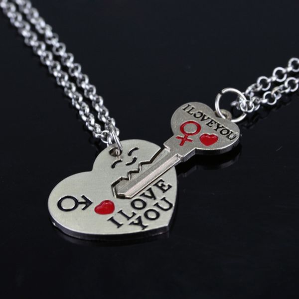 

2pcs=1 sets of lovers jewelry titanium steel heart-shaped key stitching pendant i love you couple necklace valentine's day, Silver